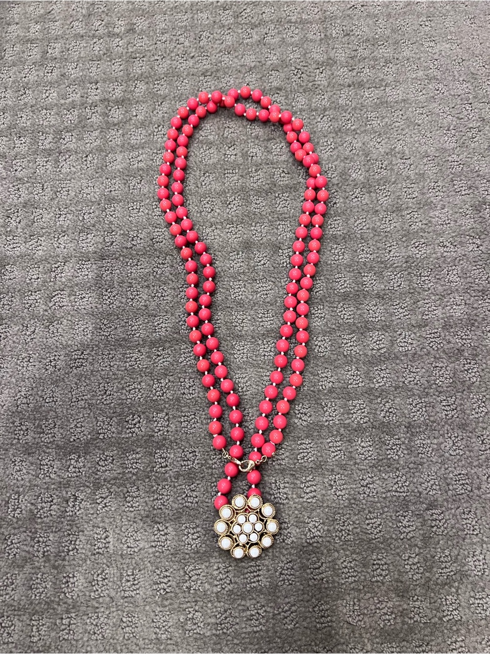 Pink Beaded Double-Strand Necklace with Gold and White Pendant
